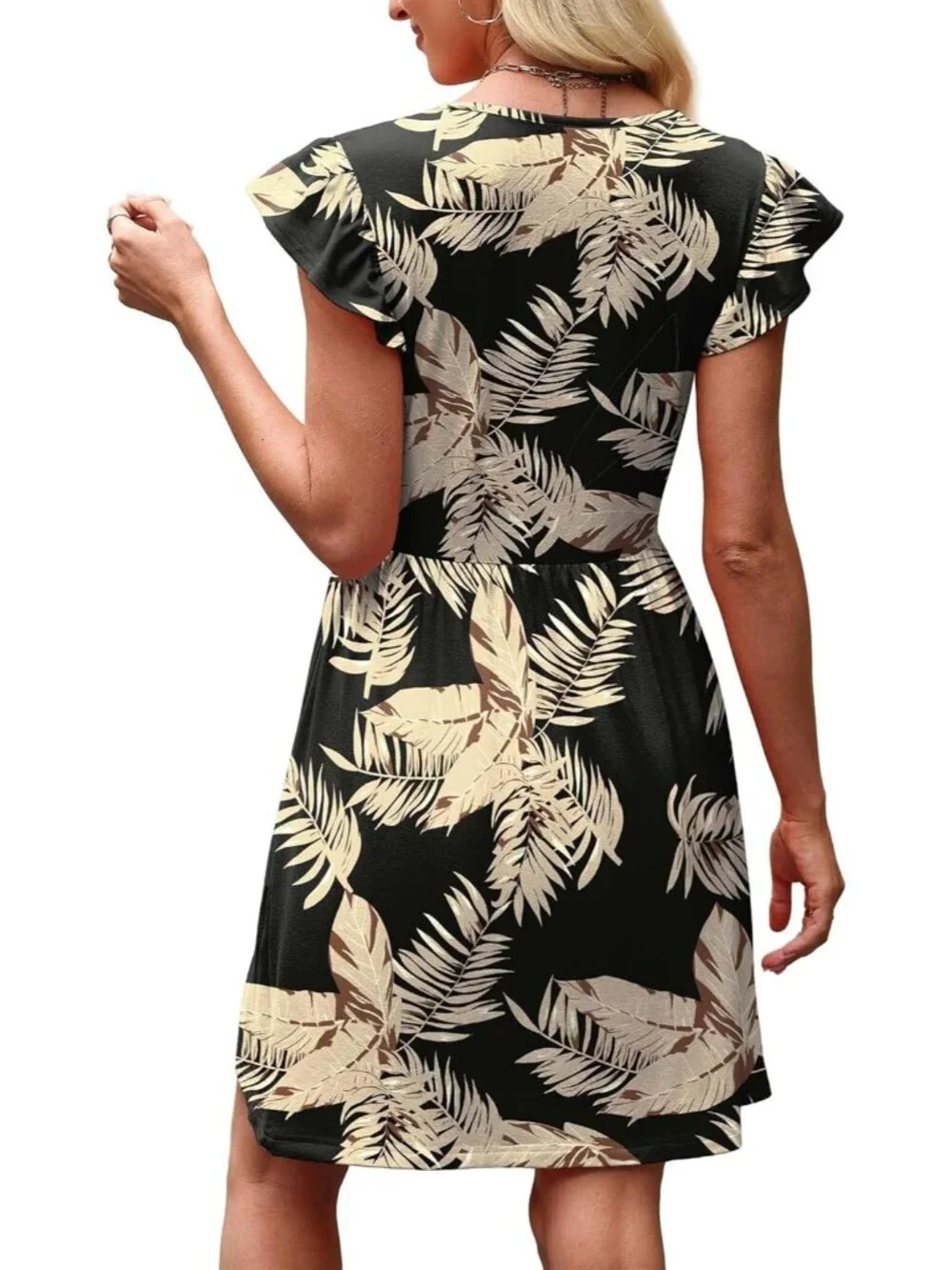 Women Black Apricot Floral  Ruffle Sleeve Baby Doll V Neck Imported Causal Dress